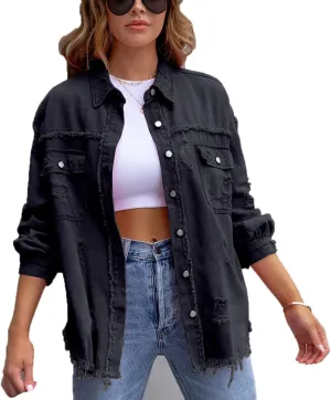 VIVICOLOR Women's Frayed Denim Trucker Jackets Women's Ripped Oversized Denim Jacket Washed Distressed Jean Jacket