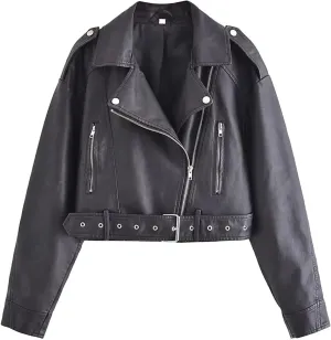VIVICOLOR Womens Leather Belted Crop Coat Moto Biker PU Leather Jackets Motorcycle Faux Leather Slim Short Coats