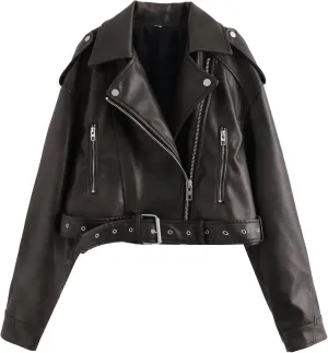 VIVICOLOR Womens Leather Belted Crop Coat Moto Biker PU Leather Jackets Motorcycle Faux Leather Slim Short Coats