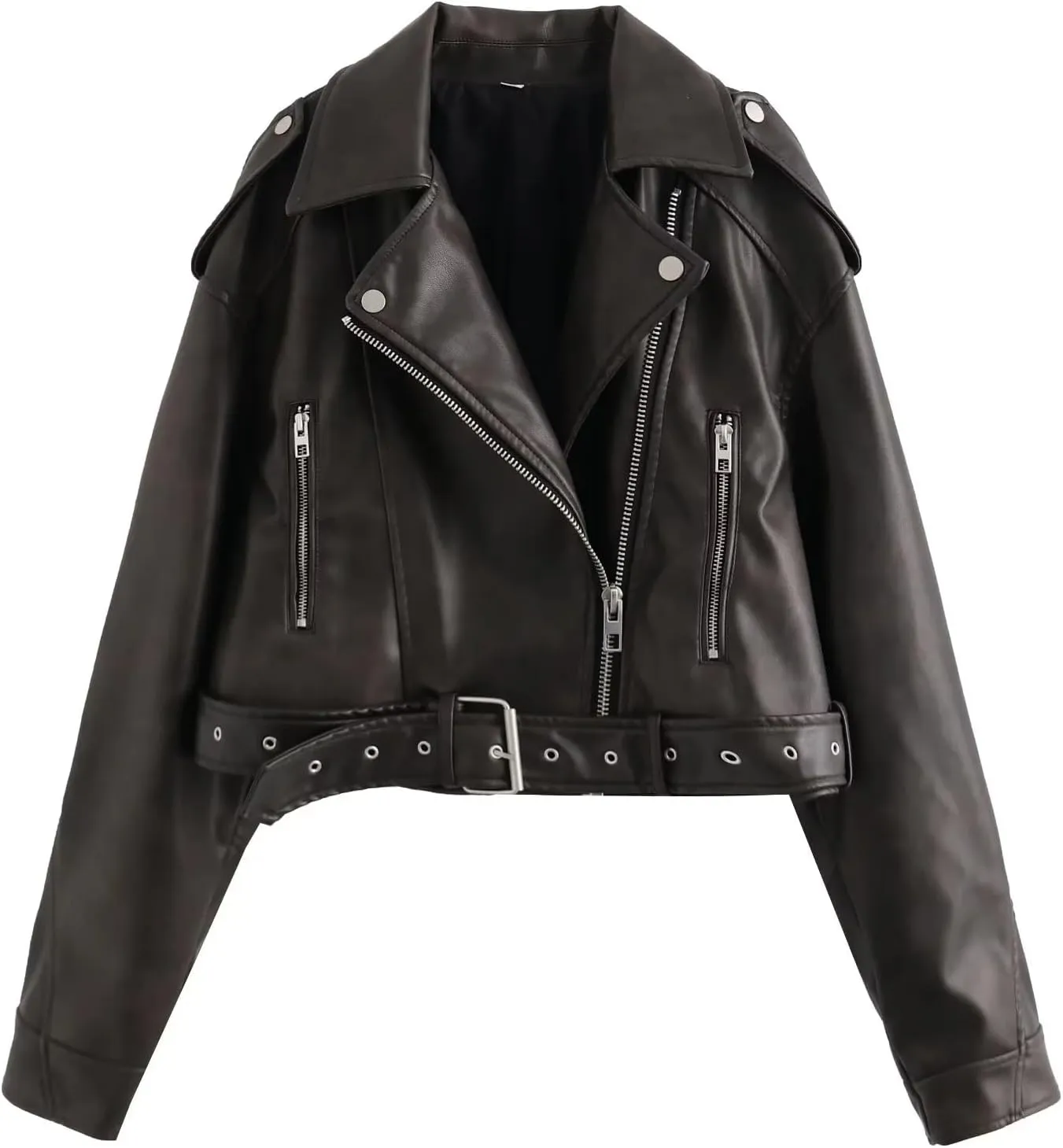 VIVICOLOR Womens Leather Belted Crop Coat Moto Biker PU Leather Jackets Motorcycle Faux Leather Slim Short Coats