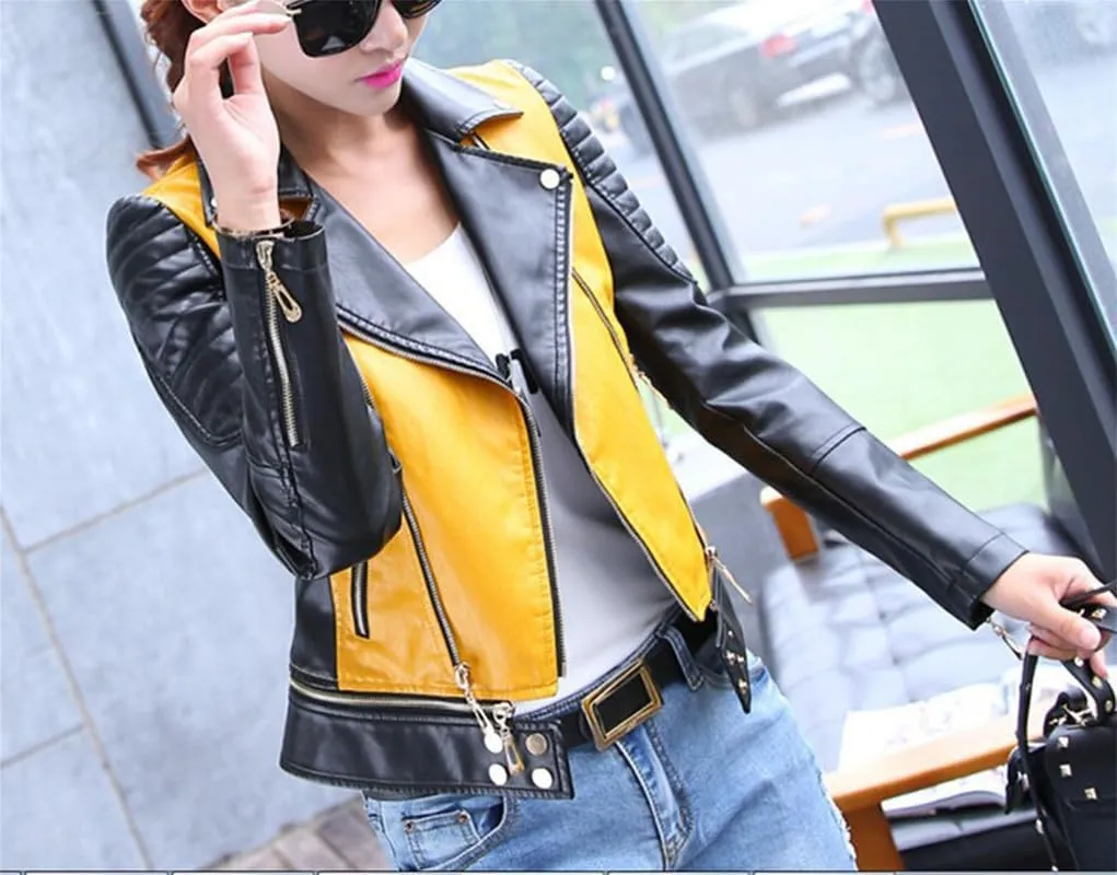 VIVICOLOR Women's Leather Textured Cropped Jacket Ladies Faux Leather Moto Biker Jacket, Asymmetrical Short Leather Coat