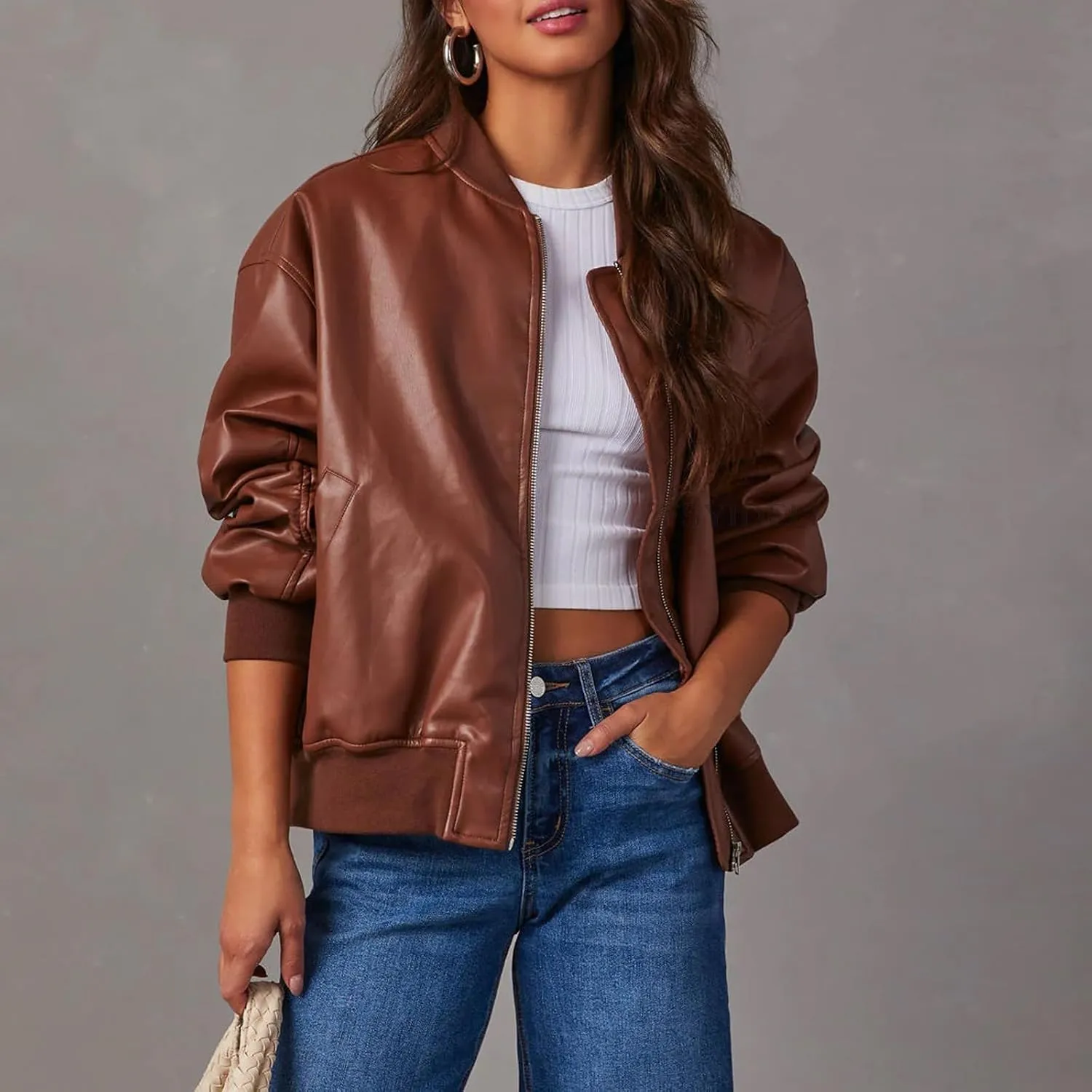 VOIKERDR Leather Jacket Women Moto Jackets Pu Leather Blazer Biker Jacket Faux Leather Jackets Outerwear