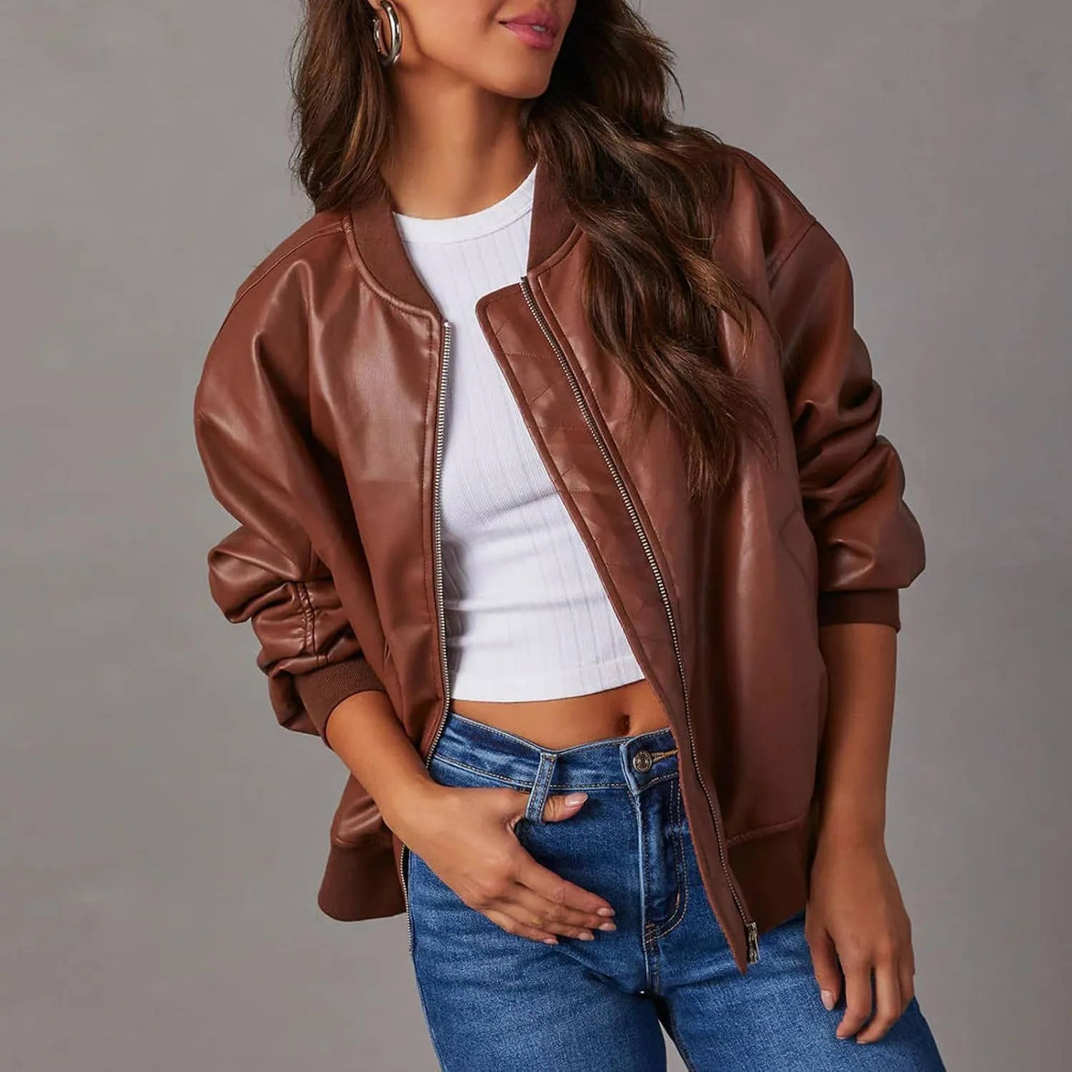 VOIKERDR Leather Jacket Women Moto Jackets Pu Leather Blazer Biker Jacket Faux Leather Jackets Outerwear