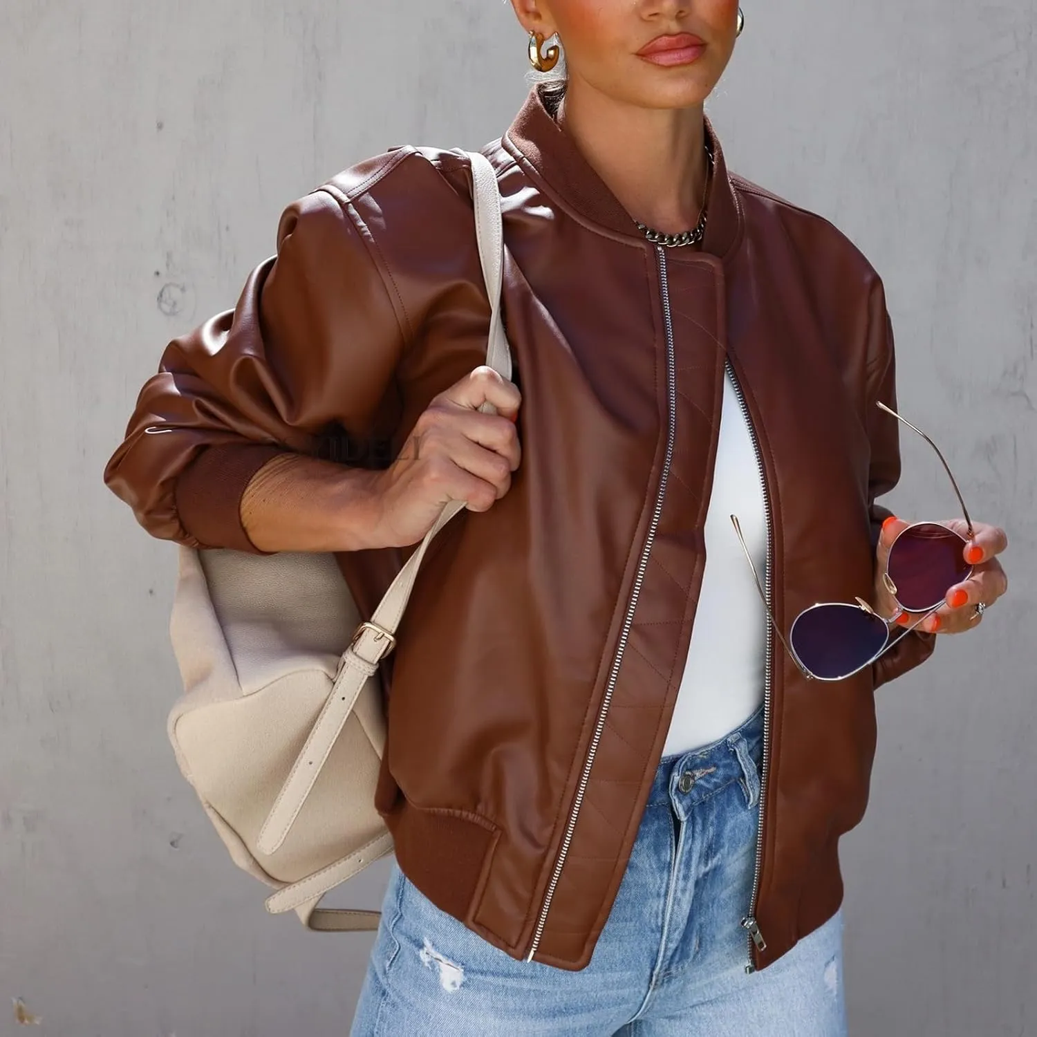 VOIKERDR Leather Jacket Women Moto Jackets Pu Leather Blazer Biker Jacket Faux Leather Jackets Outerwear