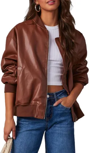 VOIKERDR Leather Jacket Women Moto Jackets Pu Leather Blazer Biker Jacket Faux Leather Jackets Outerwear