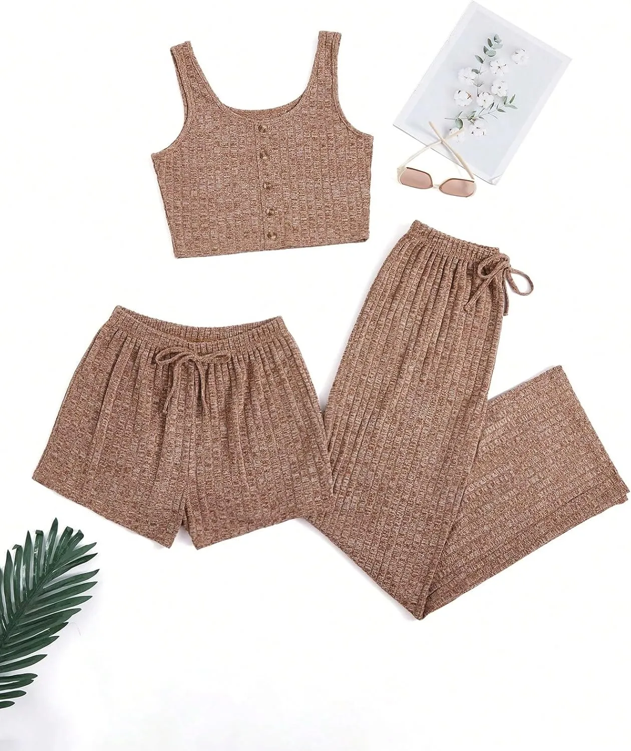WDIRARA Women's 3 Pieces Pajama Sets Ribbed Knit Button Front Tank Top and Drawstring Pant and Short Sleepwear Lounge Sets