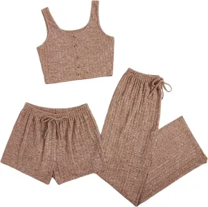 WDIRARA Women's 3 Pieces Pajama Sets Ribbed Knit Button Front Tank Top and Drawstring Pant and Short Sleepwear Lounge Sets