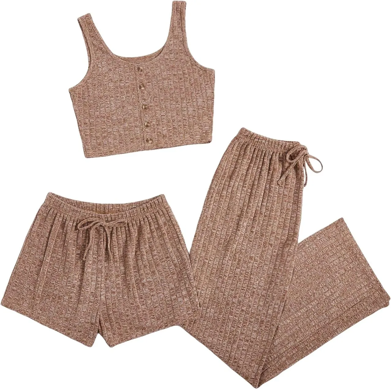 WDIRARA Women's 3 Pieces Pajama Sets Ribbed Knit Button Front Tank Top and Drawstring Pant and Short Sleepwear Lounge Sets