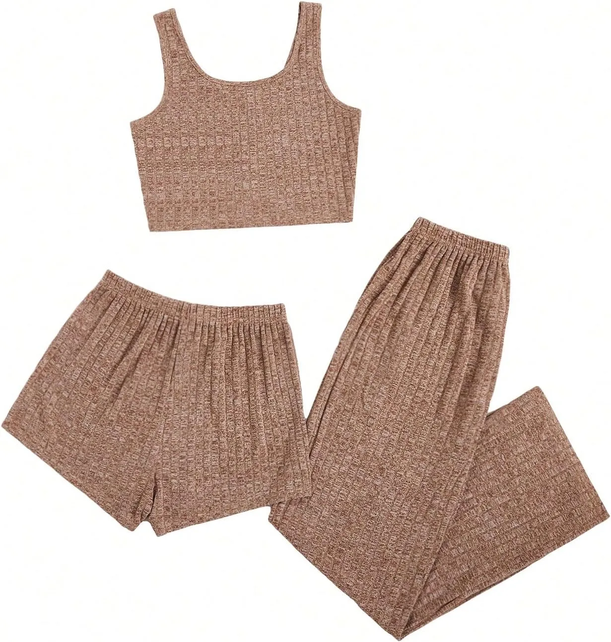 WDIRARA Women's 3 Pieces Pajama Sets Ribbed Knit Button Front Tank Top and Drawstring Pant and Short Sleepwear Lounge Sets