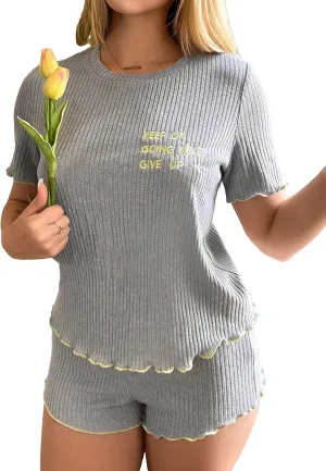 WDIRARA Women's Letter Embroidery Lettuce Trim Ribbed Knit Short Sleeve Lounge Set