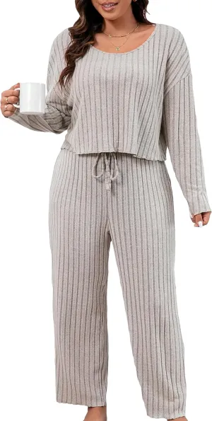 WDIRARA Women's Plus Size 2 Piece Lounge Sets Sleepwear Ribbed Long Sleeve Tee and Pants Pajama Set