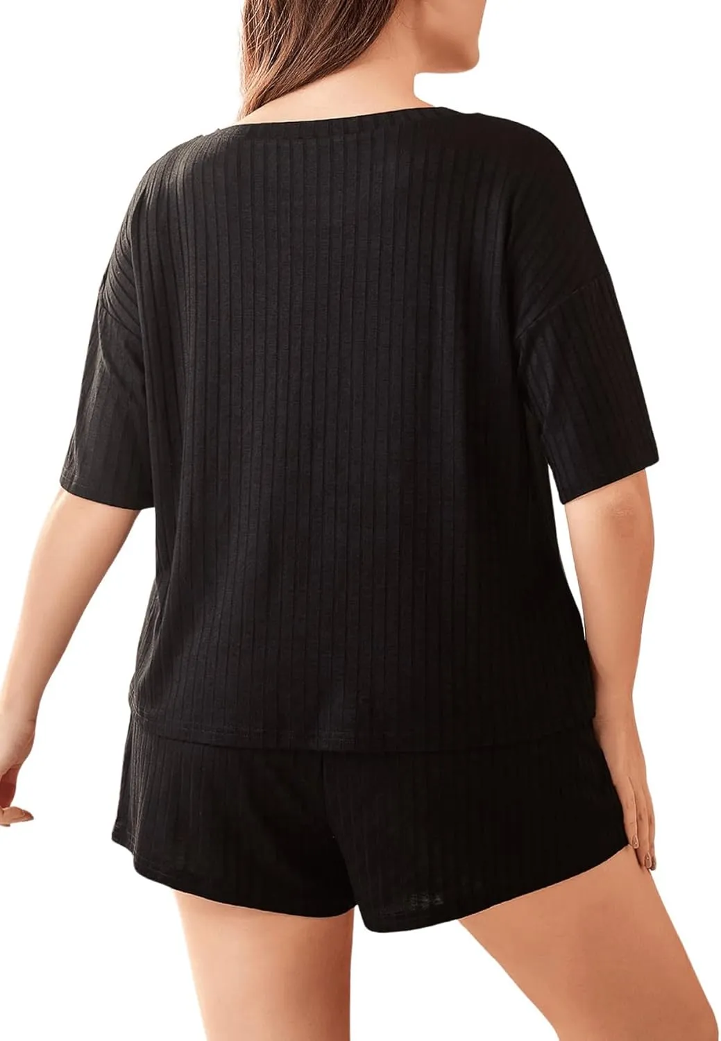 WDIRARA Women's Plus Size Ribbed Short Sleeve Top and Shorts Pajama Set Loungewear