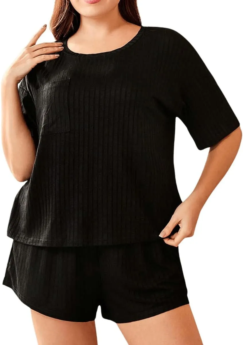 WDIRARA Women's Plus Size Ribbed Short Sleeve Top and Shorts Pajama Set Loungewear