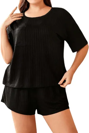 WDIRARA Women's Plus Size Ribbed Short Sleeve Top and Shorts Pajama Set Loungewear