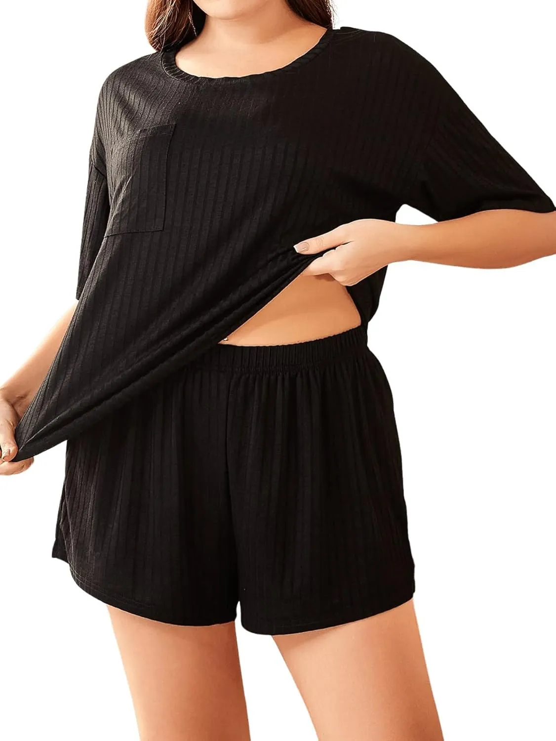 WDIRARA Women's Plus Size Ribbed Short Sleeve Top and Shorts Pajama Set Loungewear