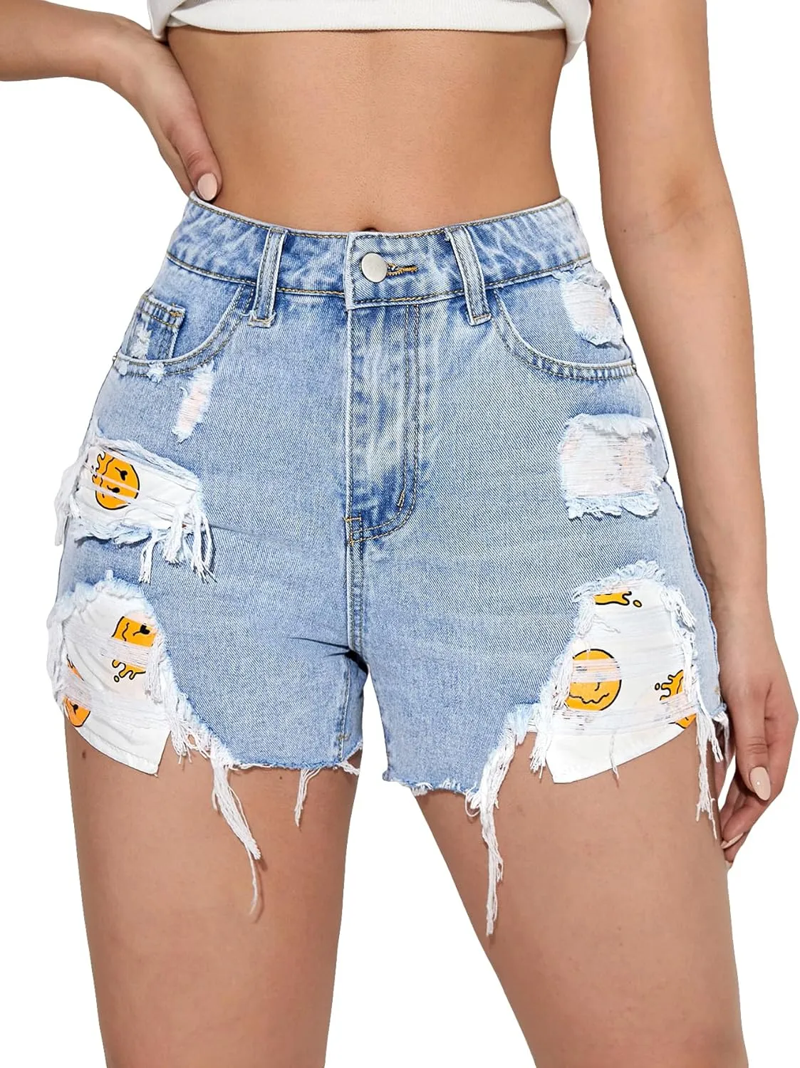 WDIRARA Women's Ripped Raw Hem Shorts Graphic Printed High Waisted Slant Pockets Casual Denim Shorts