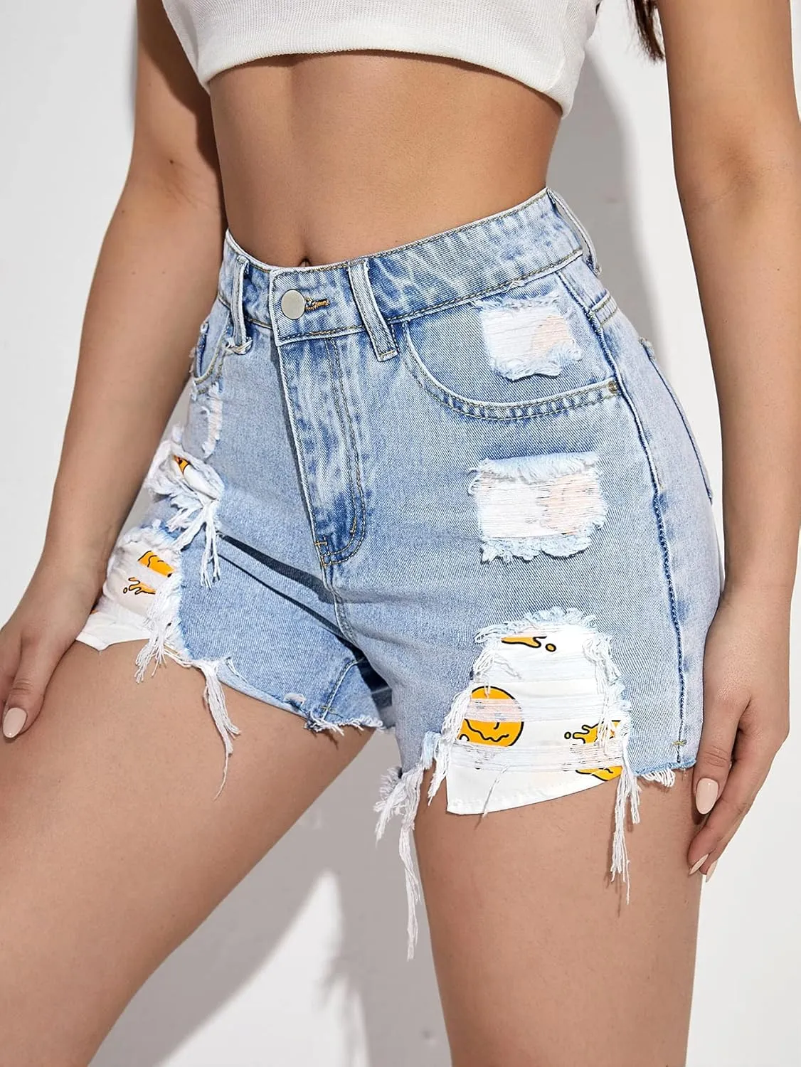 WDIRARA Women's Ripped Raw Hem Shorts Graphic Printed High Waisted Slant Pockets Casual Denim Shorts