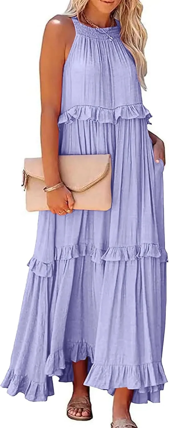 Wedding Guest Dress for Women Sleeveless Tank Tops Maxi Dress Ruffle Tiered Fashion Dresses Casual Layered Dresses