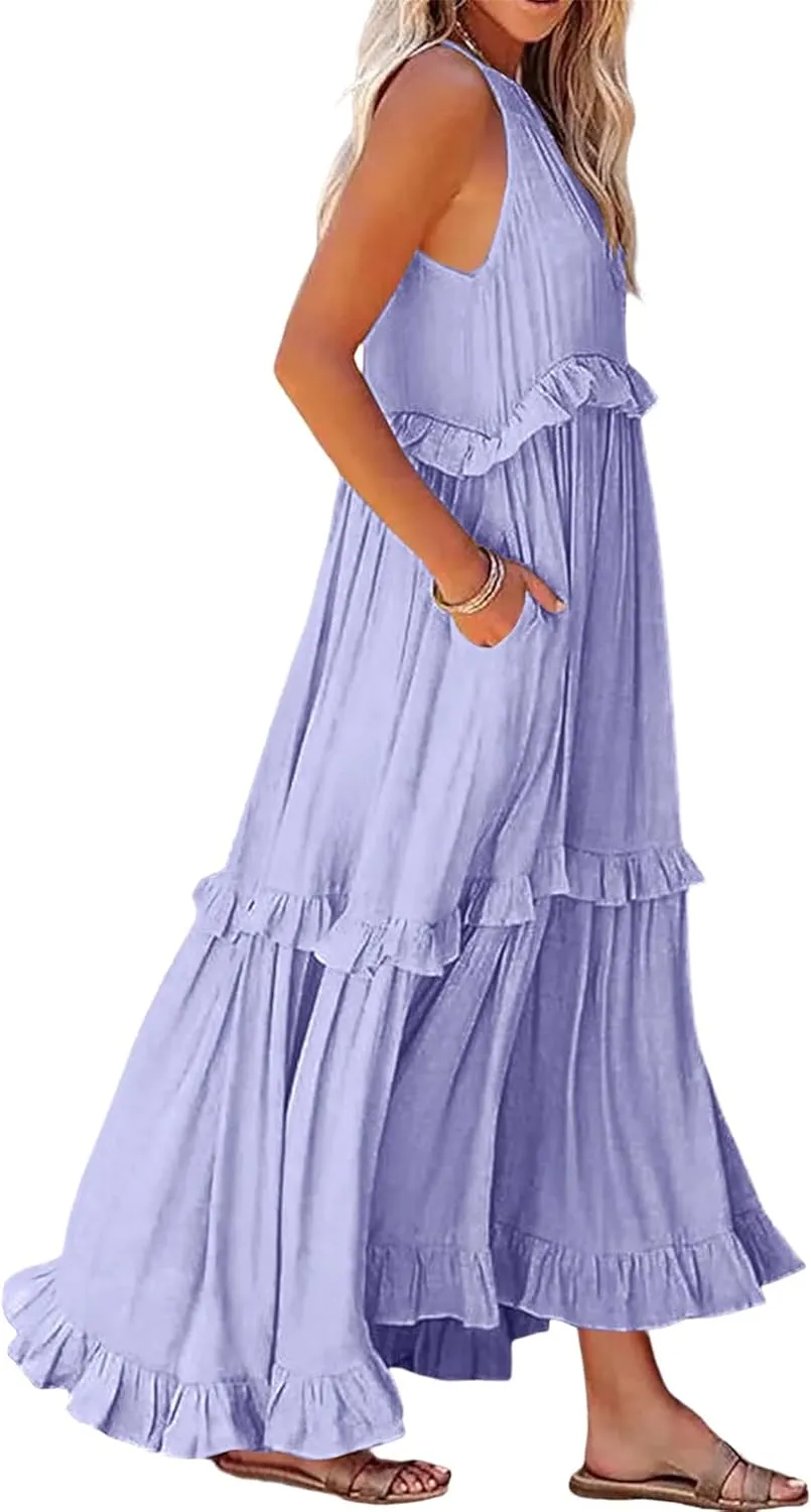 Wedding Guest Dress for Women Sleeveless Tank Tops Maxi Dress Ruffle Tiered Fashion Dresses Casual Layered Dresses
