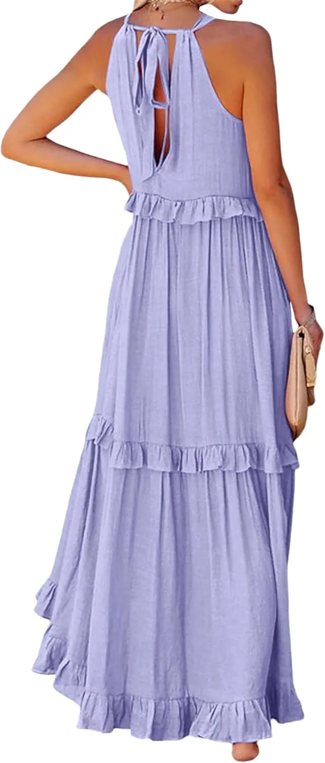 Wedding Guest Dress for Women Sleeveless Tank Tops Maxi Dress Ruffle Tiered Fashion Dresses Casual Layered Dresses