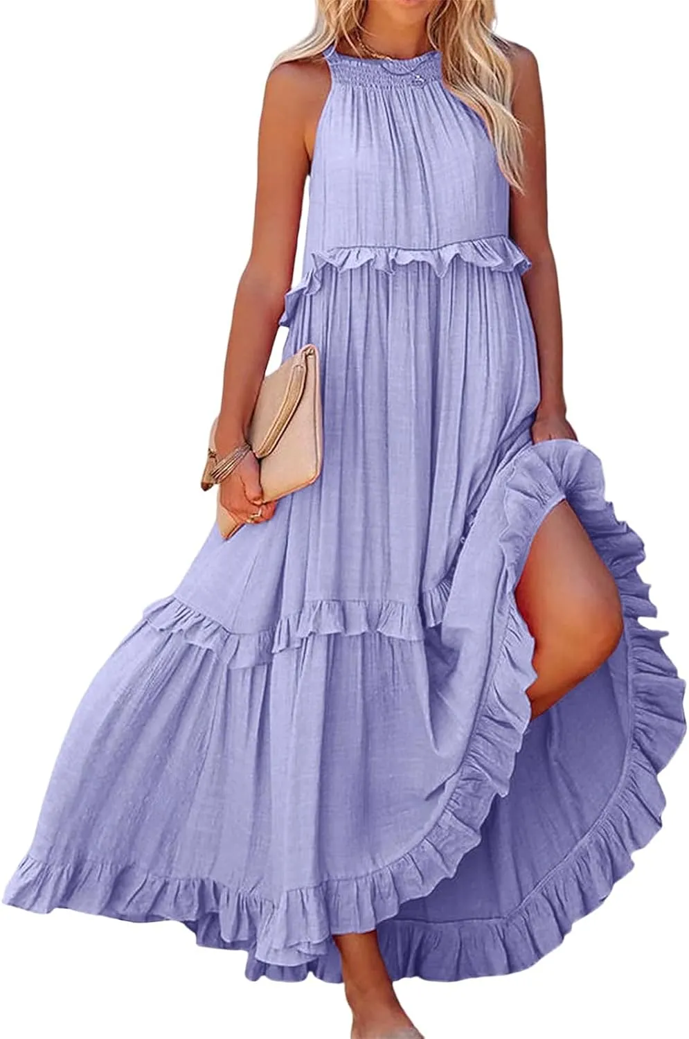 Wedding Guest Dress for Women Sleeveless Tank Tops Maxi Dress Ruffle Tiered Fashion Dresses Casual Layered Dresses