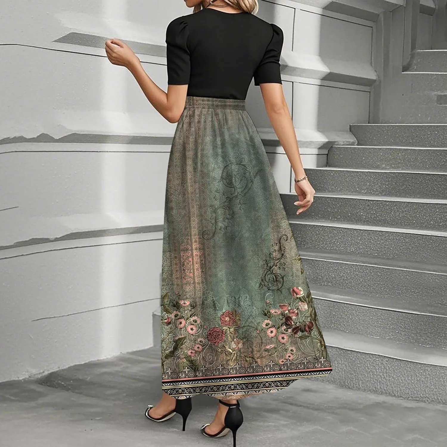 Wedding Guest Dresses for Women Empire Waist Short Sleeve Round Neck Print Dresse Elegant Temperament Dress