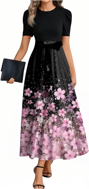 Wedding Guest Dresses for Women Empire Waist Short Sleeve Round Neck Print Dresse Elegant Temperament Dress