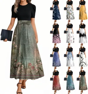 Wedding Guest Dresses for Women Empire Waist Short Sleeve Round Neck Print Dresse Elegant Temperament Dress