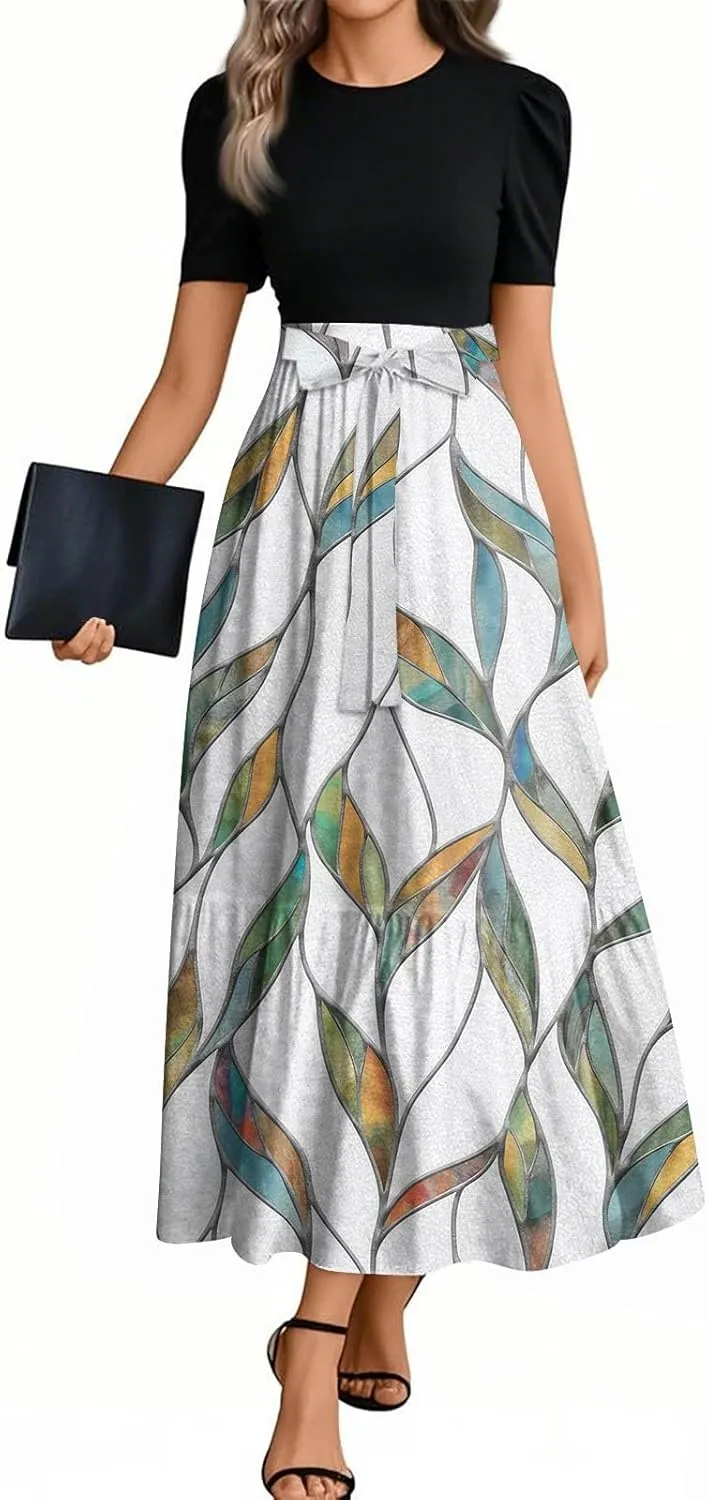Wedding Guest Dresses for Women Empire Waist Short Sleeve Round Neck Print Dresse Elegant Temperament Dress