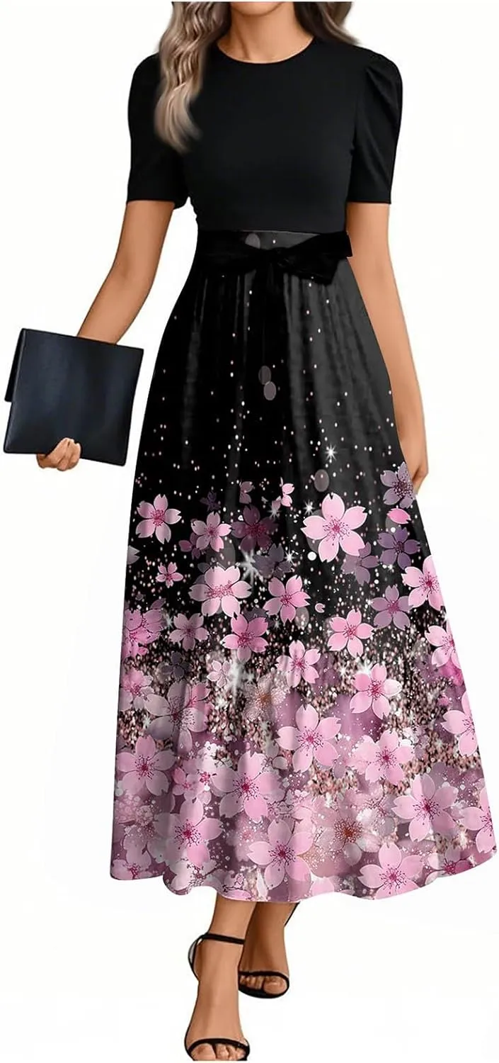 Wedding Guest Dresses for Women Empire Waist Short Sleeve Round Neck Print Dresse Elegant Temperament Dress