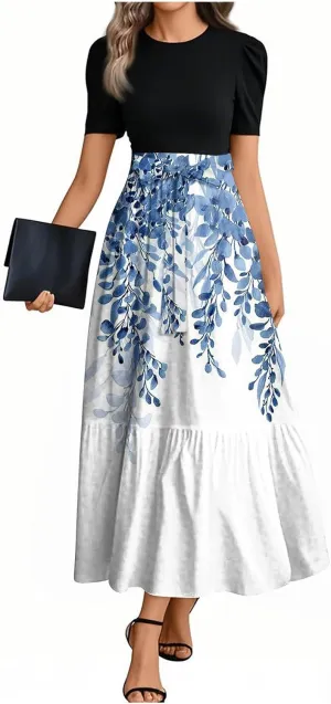 Wedding Guest Dresses for Women Empire Waist Short Sleeve Round Neck Print Dresse Elegant Temperament Dress