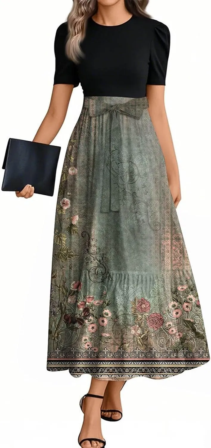 Wedding Guest Dresses for Women Empire Waist Short Sleeve Round Neck Print Dresse Elegant Temperament Dress