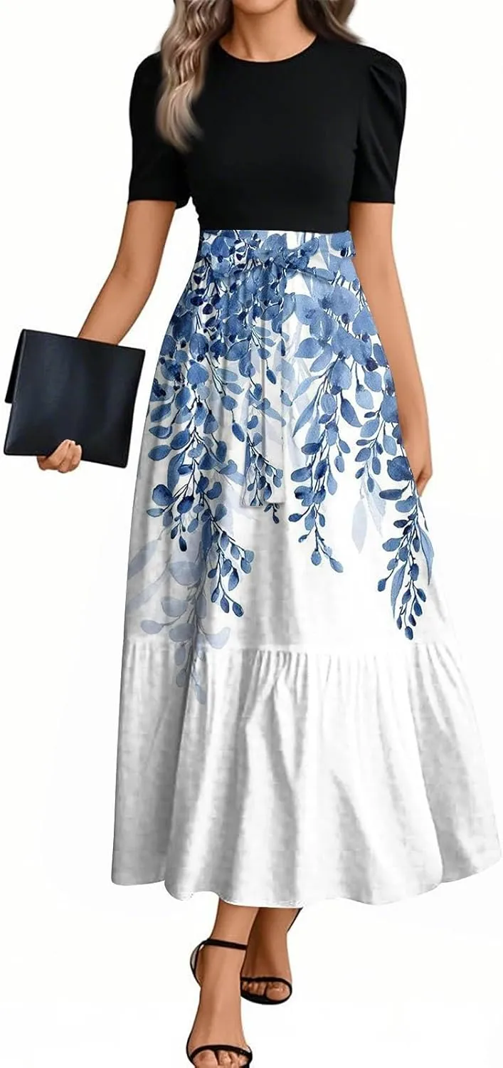 Wedding Guest Dresses for Women Empire Waist Short Sleeve Round Neck Print Dresse Elegant Temperament Dress