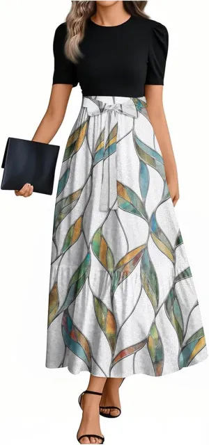 Wedding Guest Dresses for Women Empire Waist Short Sleeve Round Neck Print Dresse Elegant Temperament Dress