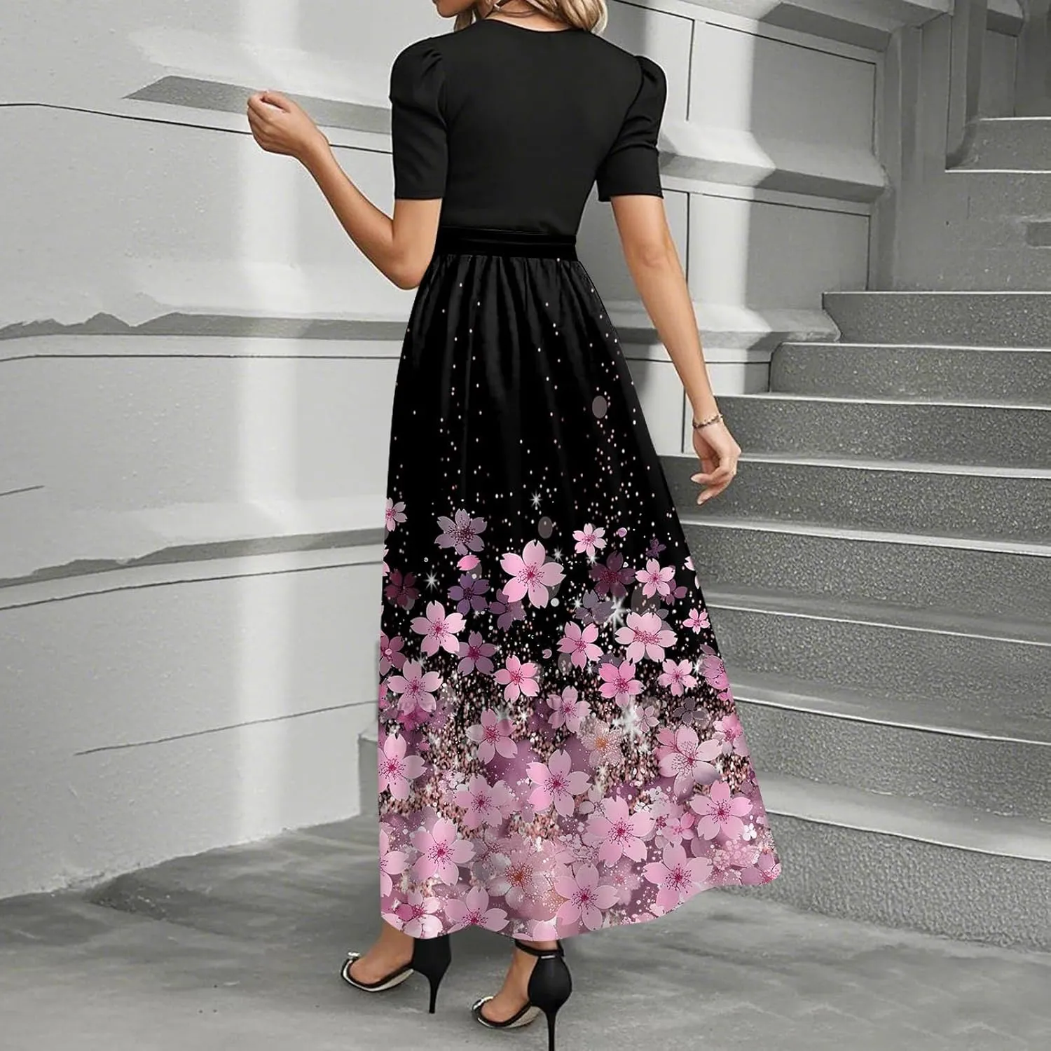 Wedding Guest Dresses for Women Empire Waist Short Sleeve Round Neck Print Dresse Elegant Temperament Dress