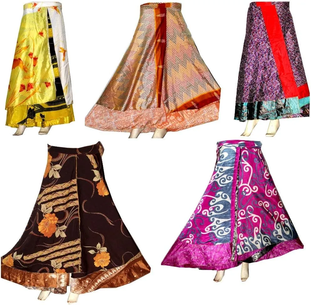 Wholesale Lot Two Layers Women's Indian Sari Magic Wrap Around Reversible Long Skirt Multi