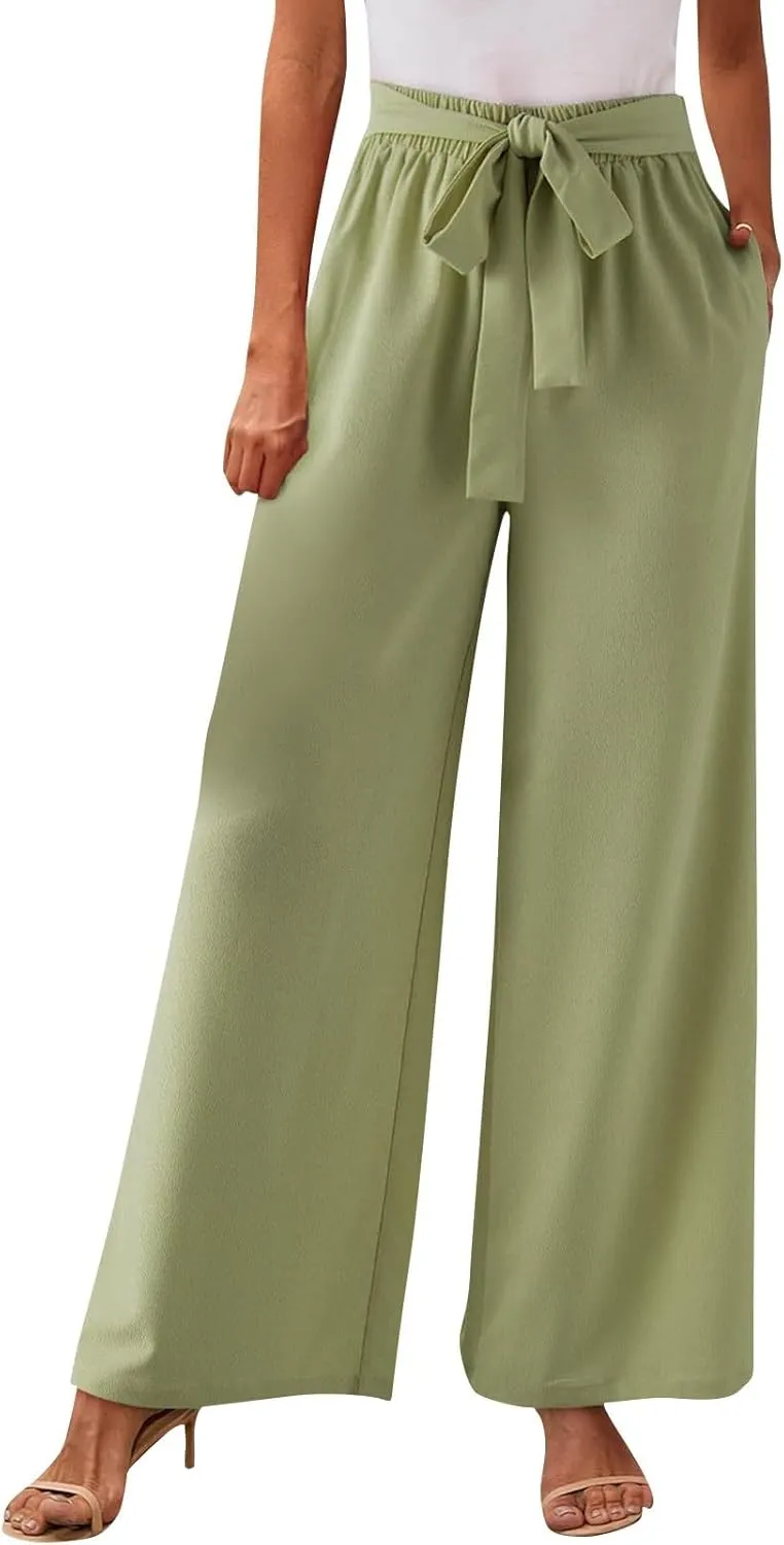 Wide Leg Dress Pants for Women Paperbag High Waisted Business Casual Pants Palazzo Lounge Pants Trousers with Pockets