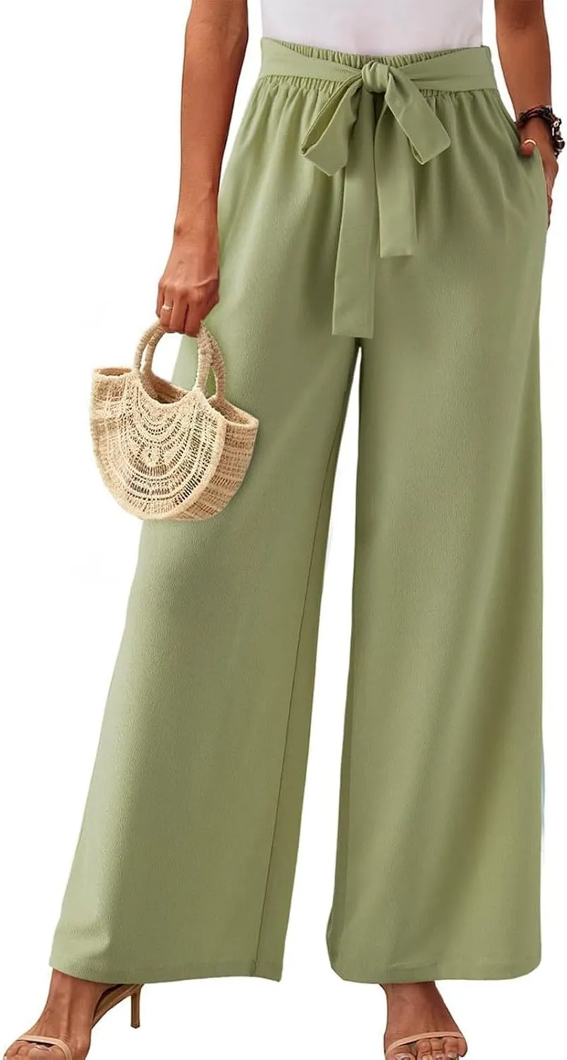 Wide Leg Dress Pants for Women Paperbag High Waisted Business Casual Pants Palazzo Lounge Pants Trousers with Pockets