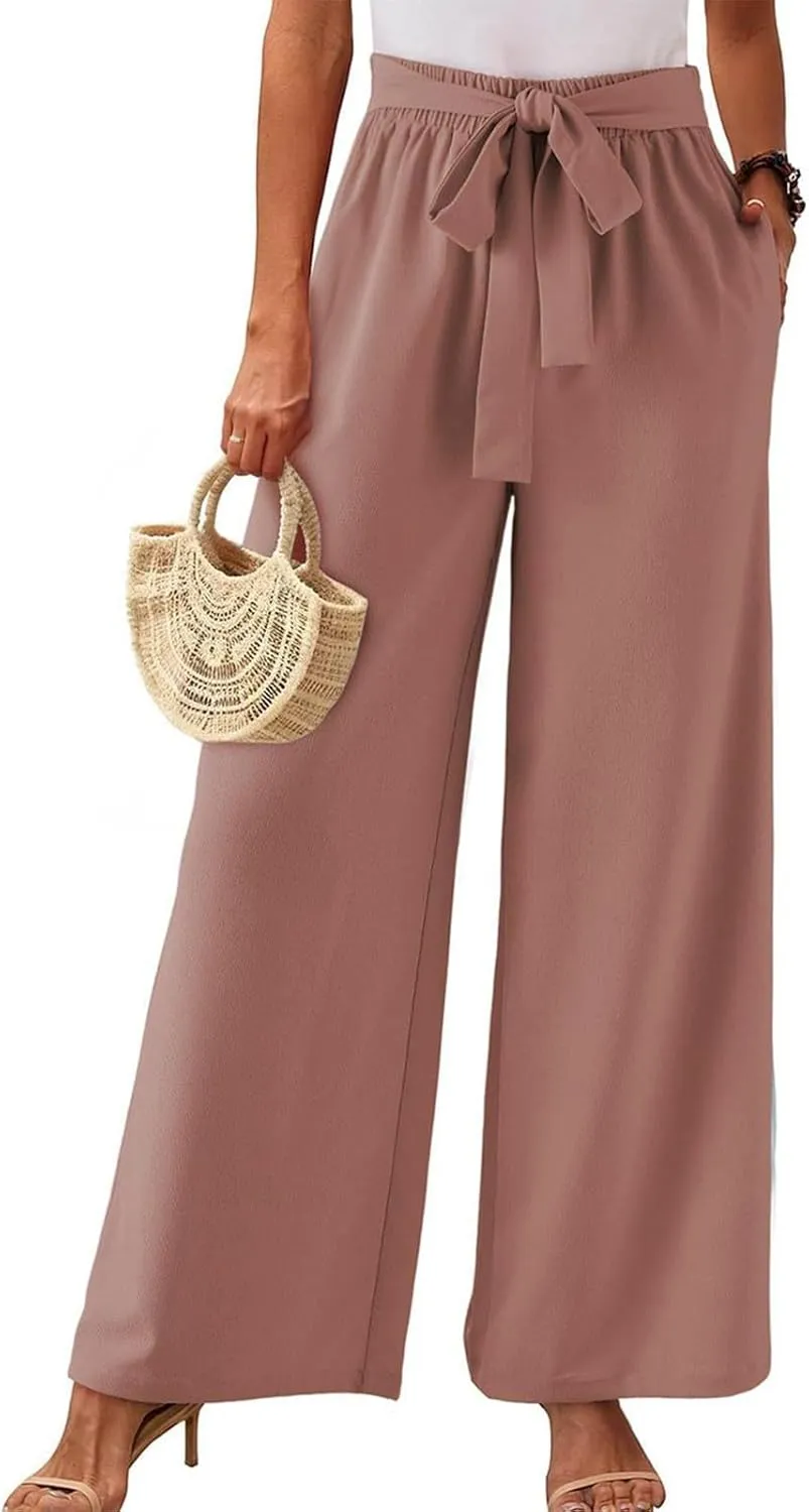 Wide Leg Dress Pants for Women Paperbag High Waisted Business Casual Pants Palazzo Lounge Pants Trousers with Pockets