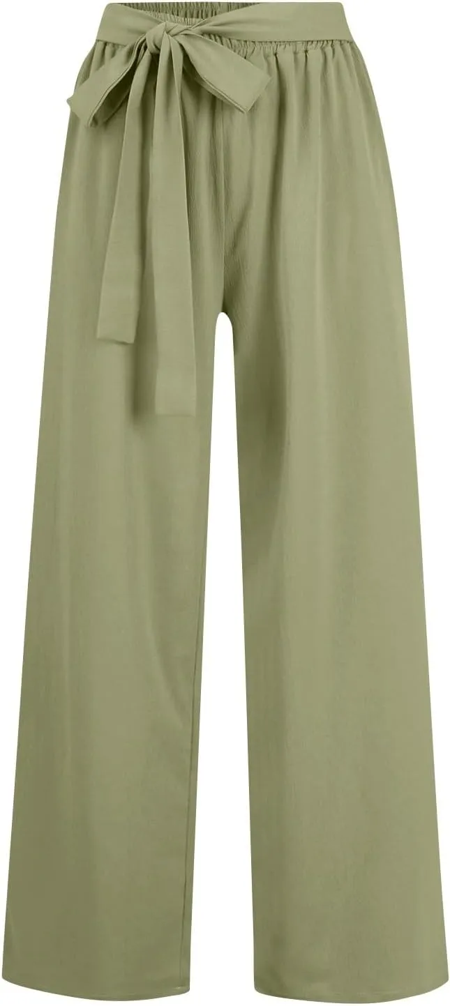 Wide Leg Dress Pants for Women Paperbag High Waisted Business Casual Pants Palazzo Lounge Pants Trousers with Pockets