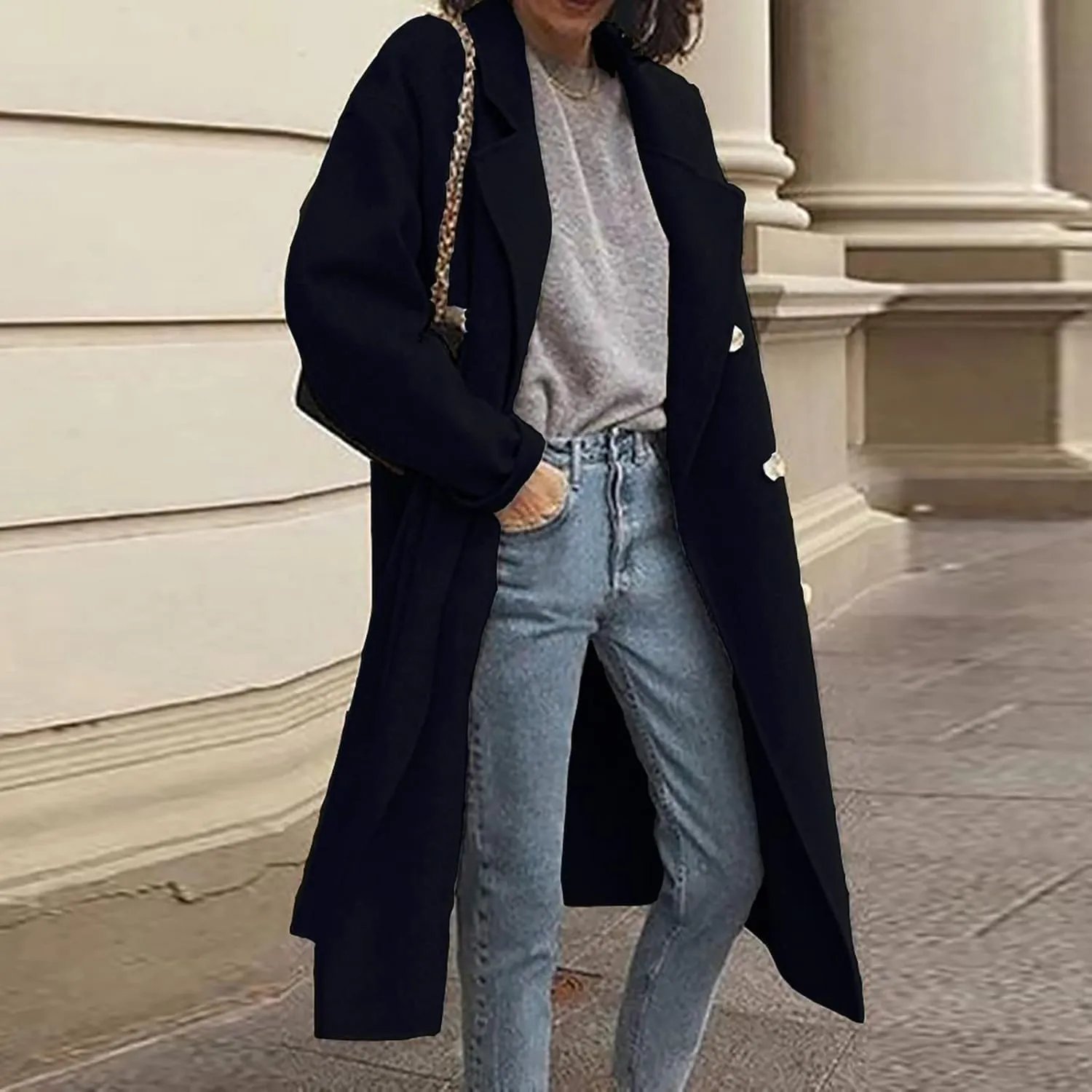 Winter Coats for Women Trench Coat Turn Down Collar Open Front Cardigan Faux Wool Long Sleeve Button Up Blazer Jacket