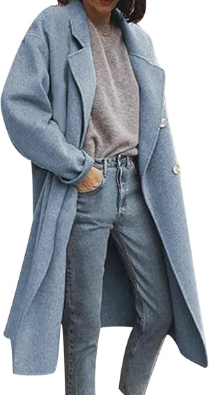 Winter Coats for Women Trench Coat Turn Down Collar Open Front Cardigan Faux Wool Long Sleeve Button Up Blazer Jacket