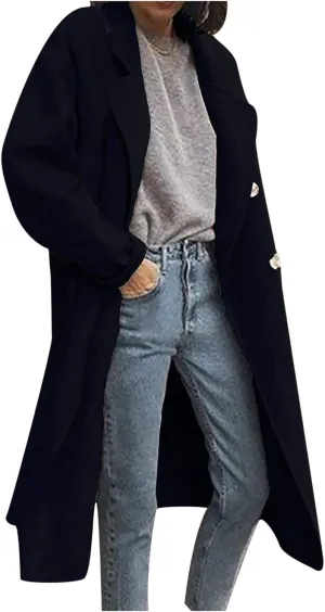 Winter Coats for Women Trench Coat Turn Down Collar Open Front Cardigan Faux Wool Long Sleeve Button Up Blazer Jacket