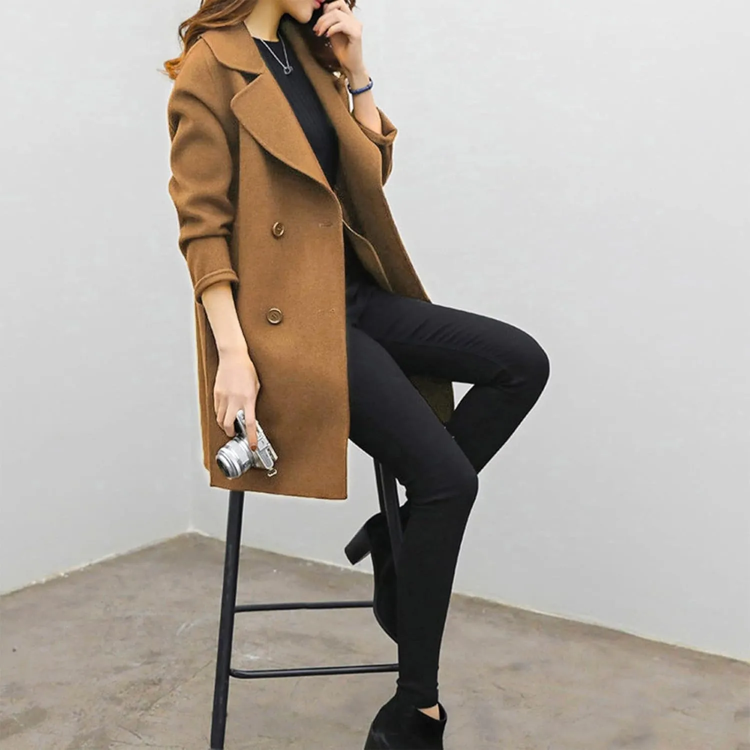 Winter Trench Coat Women Classic Notch Lapel Collar Double-Breasted Peacoat Comfy Wool Blend Open Front Long Jackets