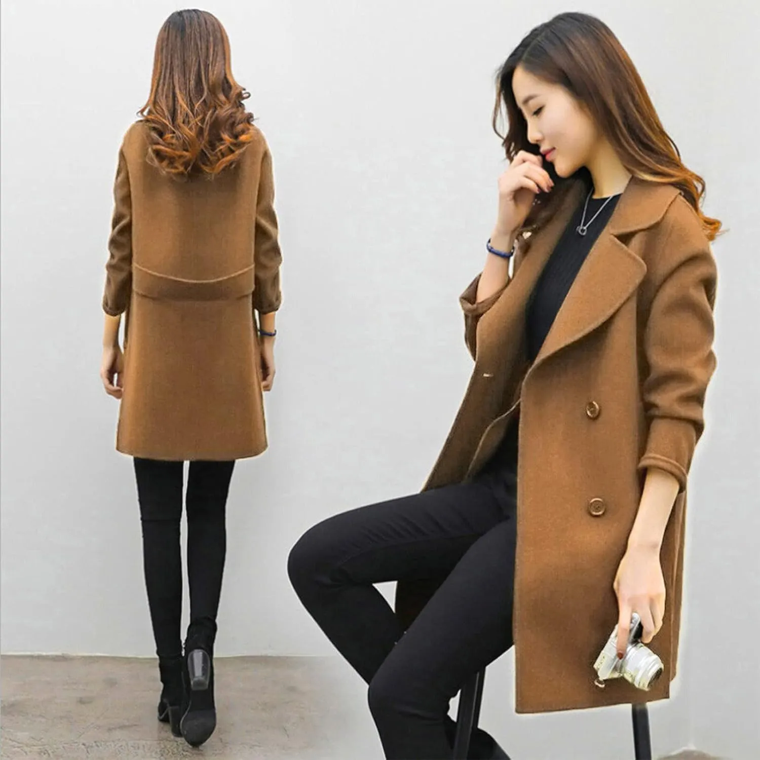 Winter Trench Coat Women Classic Notch Lapel Collar Double-Breasted Peacoat Comfy Wool Blend Open Front Long Jackets
