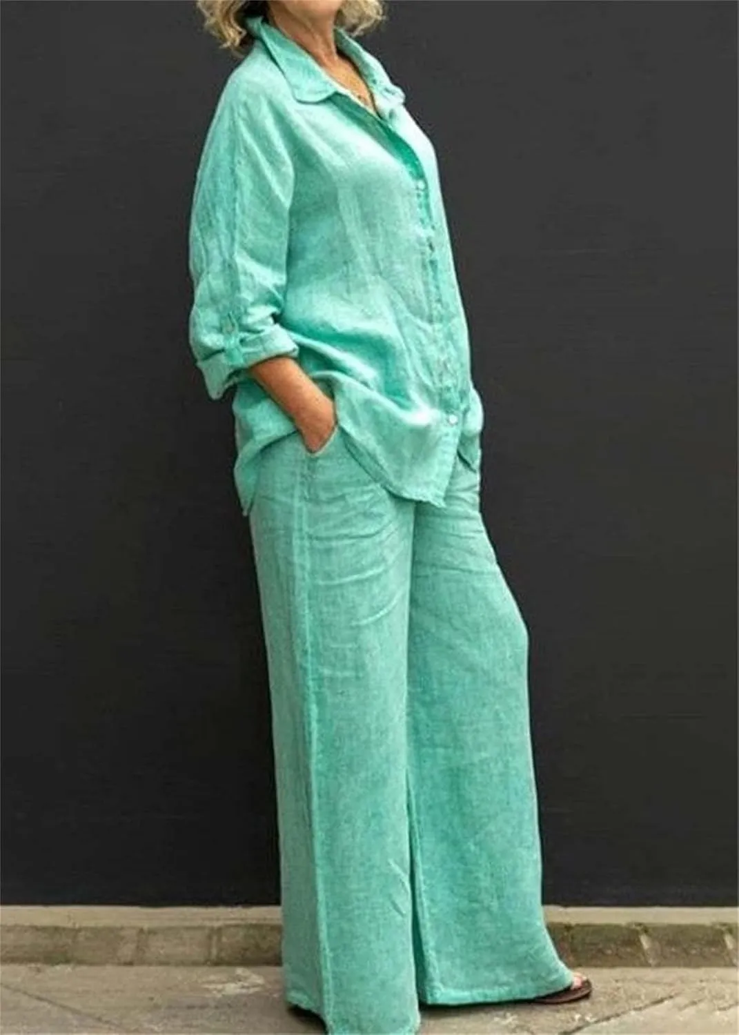 Women 2 Piece Outfits Sets Summer Casual Linen Sets Button Down Long Sleeve Shirt Blouse and Wide Leg Pants Lounge Set