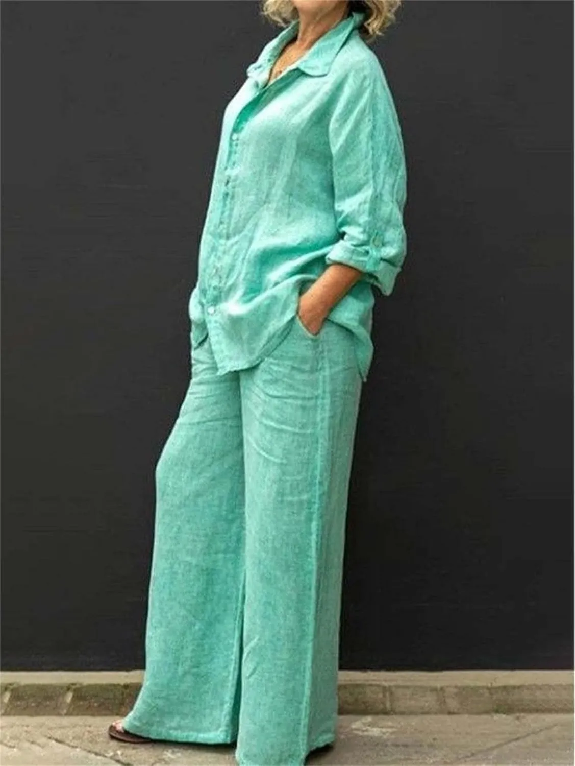 Women 2 Piece Outfits Sets Summer Casual Linen Sets Button Down Long Sleeve Shirt Blouse and Wide Leg Pants Lounge Set