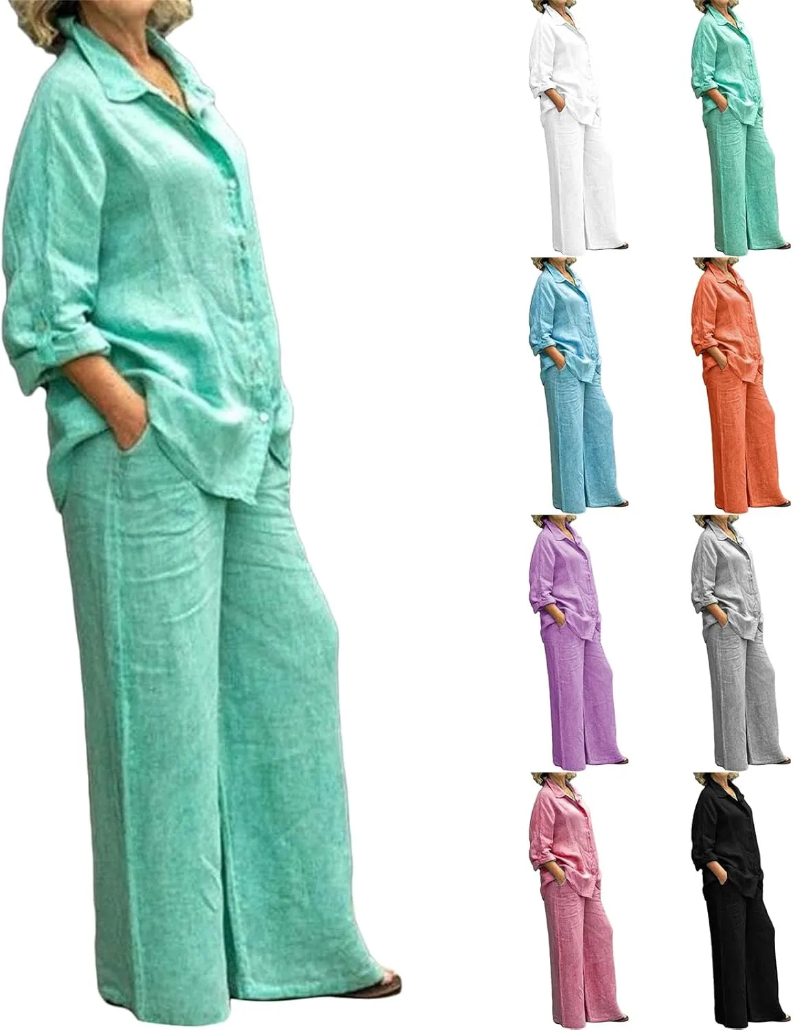 Women 2 Piece Outfits Sets Summer Casual Linen Sets Button Down Long Sleeve Shirt Blouse and Wide Leg Pants Lounge Set