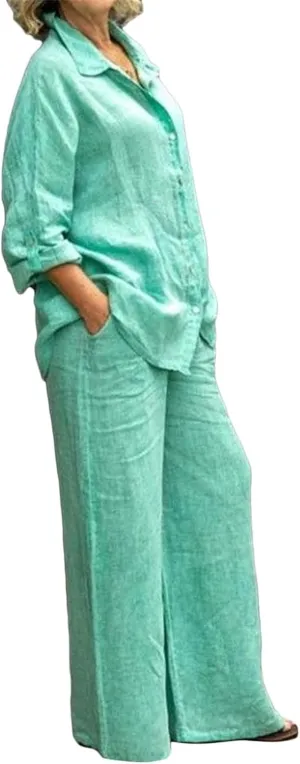Women 2 Piece Outfits Sets Summer Casual Linen Sets Button Down Long Sleeve Shirt Blouse and Wide Leg Pants Lounge Set