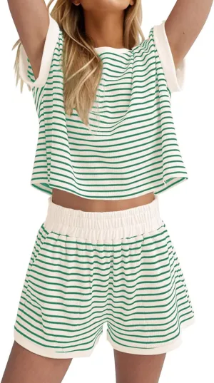 Women 2 Piece Outfits Two Piece Lounge Set Striped Short Sleeve Top and Shorts Casual Summer Loungewear Shorts Sets